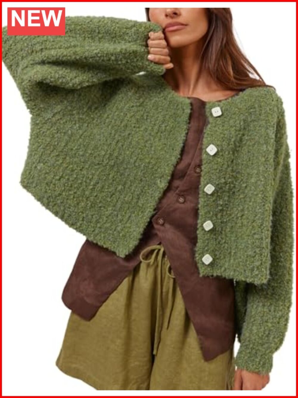 Women's Knit Cardigan Button Down Cropped Fluffy Sweater Outwear